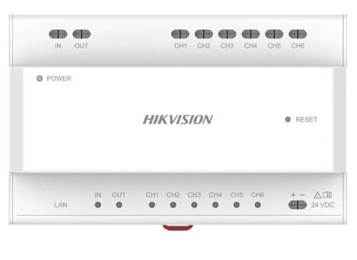 Hikvision DS-KAD706Y-SP 2-Wire IP Distributor with 6-Port Cascade Interfaces, 1 RJ45 Port, 8 Interface Indicators & DIN Rail Mounting