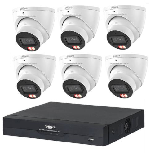 Dahua 6MP 8CH CCTV Kit – 6x Smart Dual Light Turret Cameras with SMD 4.0 & Mic + 8CH PoE NVR (DH-IPC-HDW3667EM-S-IL-ANZ, DHI-NVR4108HS-8P-AI/ANZ)
