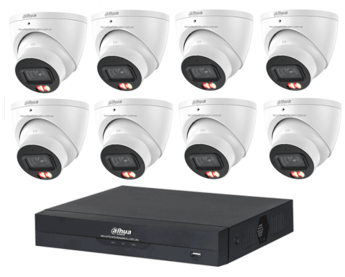 Dahua 6MP 16CH CCTV Kit – 8x Smart Dual Light Turret Cameras with SMD 4.0 & Mic + 16CH PoE NVR (DH-IPC-HDW3667EM-S-IL-ANZ, DHI-NVR4216-16P-AI/ANZ)
