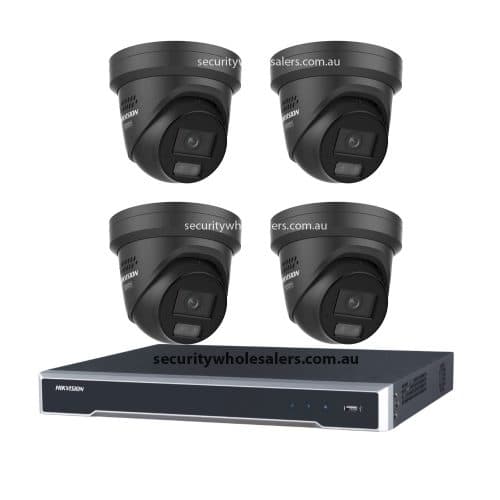 Hikvision 6MP 4CH CCTV Kit: 4x Black Liveguard Acusense Turret Cameras with Strobe, Audio, Smart Light + 4CH PoE NVR