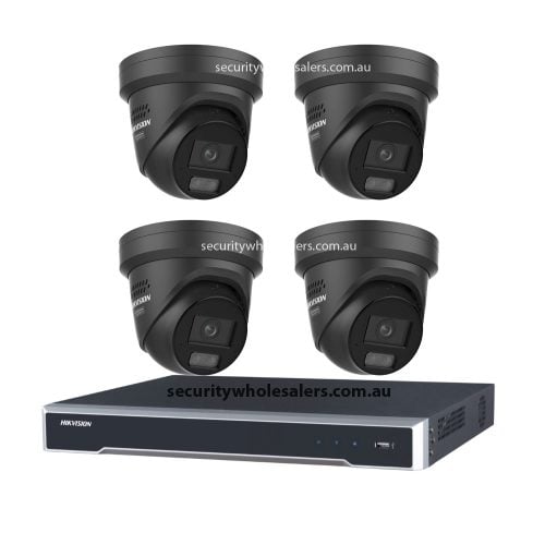 Hikvision 6MP 4CH CCTV Kit: 4x Black Liveguard Acusense Turret Cameras with Strobe, Audio, Smart Light + 4CH PoE NVR