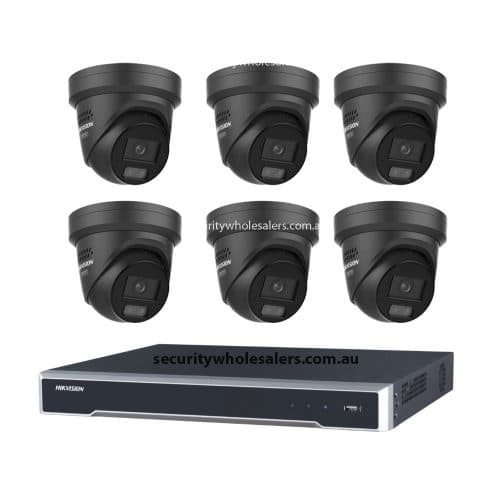 Hikvision 6MP 8CH CCTV Kit: 6x Black Liveguard Acusense Turret Cameras with Strobe, Audio, Smart Light + 8CH PoE NVR 4TB