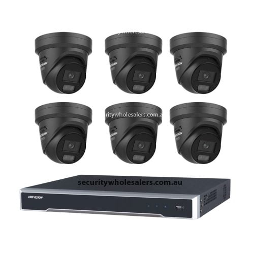 Hikvision 6MP 8CH CCTV Kit: 6x Black Liveguard Acusense Turret Cameras with Strobe, Audio, Smart Light + 8CH PoE NVR 4TB