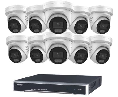 Hikvision 10 Camera 6MP ColorVu DS-2CD2367G3-LIS2UY/SL Turret Kit with 16CH PoE 8K NVR – no HDD