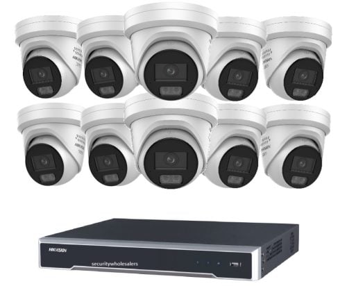 Hikvision 10 Camera 6MP ColorVu DS-2CD2367G3-LIS2UY/SL Turret Kit with 16CH PoE 8K NVR – no HDD
