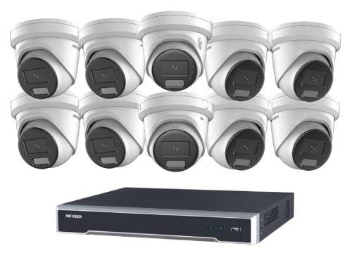 Hikvision 10 Camera 8MP AcuSense Active Deterrence Turret Kit with 16CH PoE 8K NVR, 2.8mm Lens, IR 30m – no HDD included