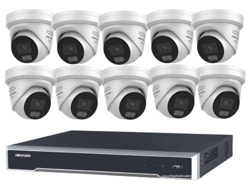 Hikvision 10 Camera 8MP ColorVu 3.0 DS-2CD2387G3-LIS2UY/SL Turret Kit with 16CH PoE 8K NVR, Strobe & Speaker, NO HDD