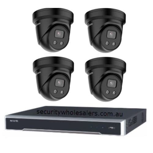 Hikvision 6MP 4CH CCTV Kit: 4 Black Outdoor Turret Cameras with Mic & AcuSense + 4CH PoE NVR without HDD