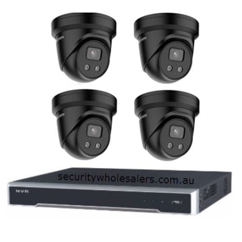 Hikvision 6MP 4CH CCTV Kit: 4 Black Outdoor Turret Cameras with Mic & AcuSense + 4CH PoE NVR without HDD