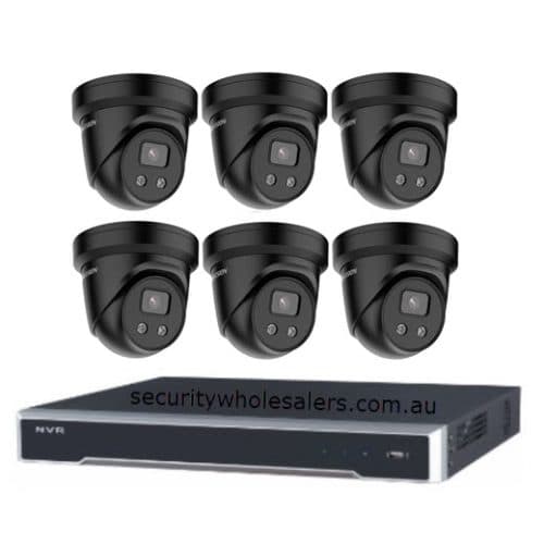 Hikvision 6MP 8CH CCTV Kit: 6 Black Outdoor Turret Cameras with Mic & AcuSense + 8CH PoE NVR with 4TB
