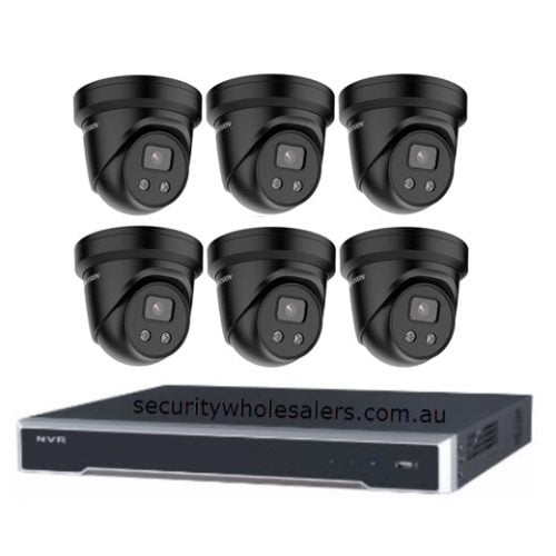 Hikvision 6MP 8CH CCTV Kit: 6 Black Outdoor Turret Cameras with Mic & AcuSense + 8CH PoE NVR with 4TB