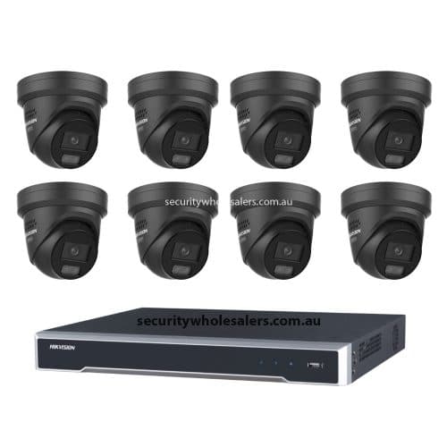 Hikvision 6MP 8CH CCTV Kit: 8x Black Liveguard Acusense Turret Cameras with Strobe, Audio, Smart Light + 8CH PoE NVR 4TB