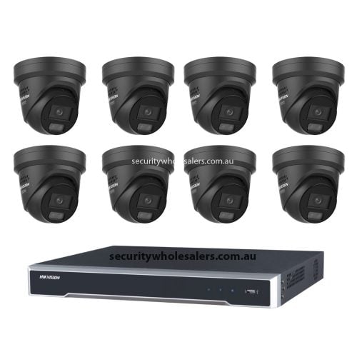Hikvision 6MP 8CH CCTV Kit: 8x Black Liveguard Acusense Turret Cameras with Strobe, Audio, Smart Light + 8CH PoE NVR 4TB