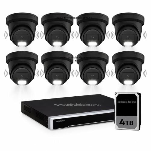 Hikvision 8MP Acusense 8 x Outdoor Turret With Strobe & Siren + 16CH NVR CCTV Kit BLACK 4tb