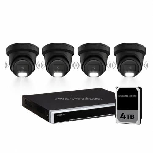 Hikvision 8MP Acusense 4 x Outdoor Turret With Strobe & Siren + 8CH NVR CCTV Kit BLACK
