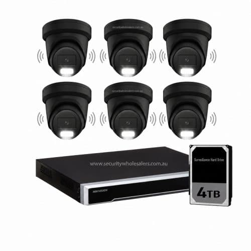 Hikvision 8MP Acusense 6 x Outdoor Turret With Strobe & Siren + 8CH NVR CCTV Kit BLACK