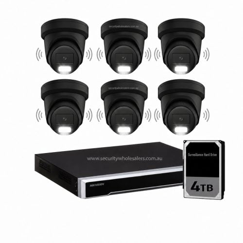 Hikvision 8MP Acusense 6 x Outdoor Turret With Strobe & Siren + 8CH NVR CCTV Kit BLACK