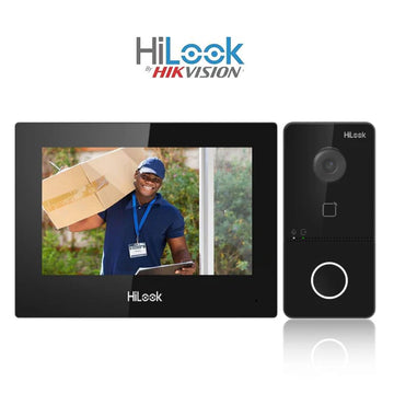 HiLook IP Video Intercom Kit by Hikvision with 7-inch touch screen monitor and outdoor camera unit, providing HD1080p resolution, WiFi and PoE support, mobile connectivity, and water-resistant design for secure home and business entry monitoring.